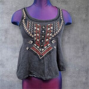 Love On A Hanger Boho Embroidered Tank Top Gray Cutout Back Women's XS R43